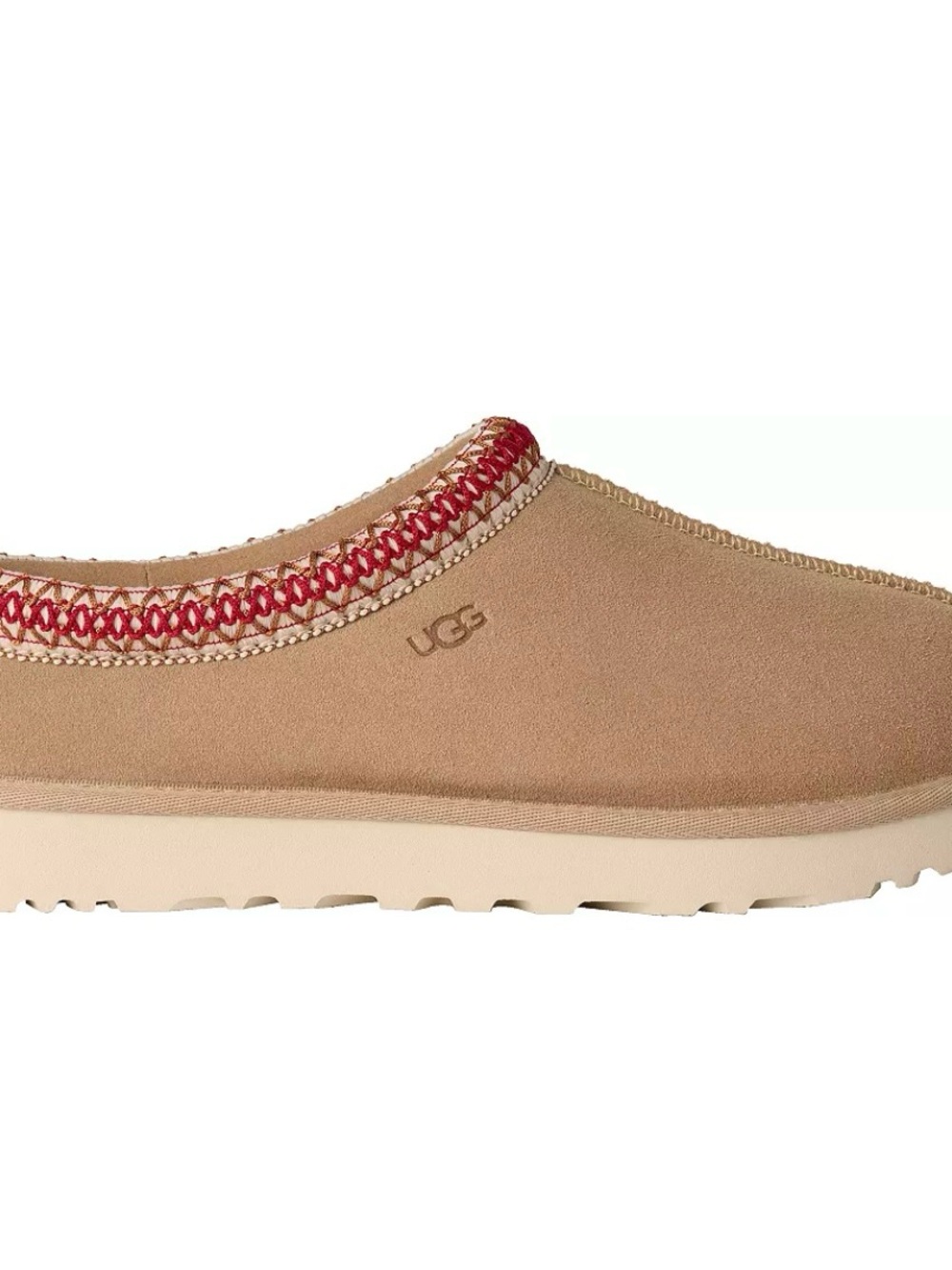 UGG Tan Suede Clog Mule with Red Trim